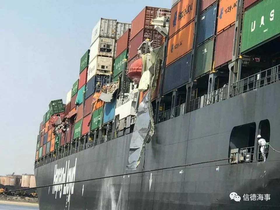 突發(fā)！赫伯羅特和以星大型集裝箱船在卡拉奇碼頭相撞，大量貨柜落水受損?。ǜ揭曨l）