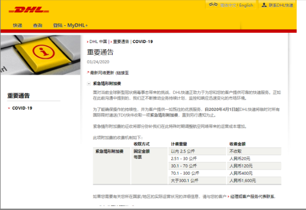 受疫情影響,空運快遞費持續(xù)暴漲！DHL/UPS/FedEx增加費用！